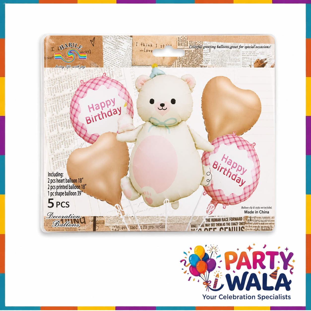 Teddy Bear Happy Birthday Foil Balloons 5 Pcs Set