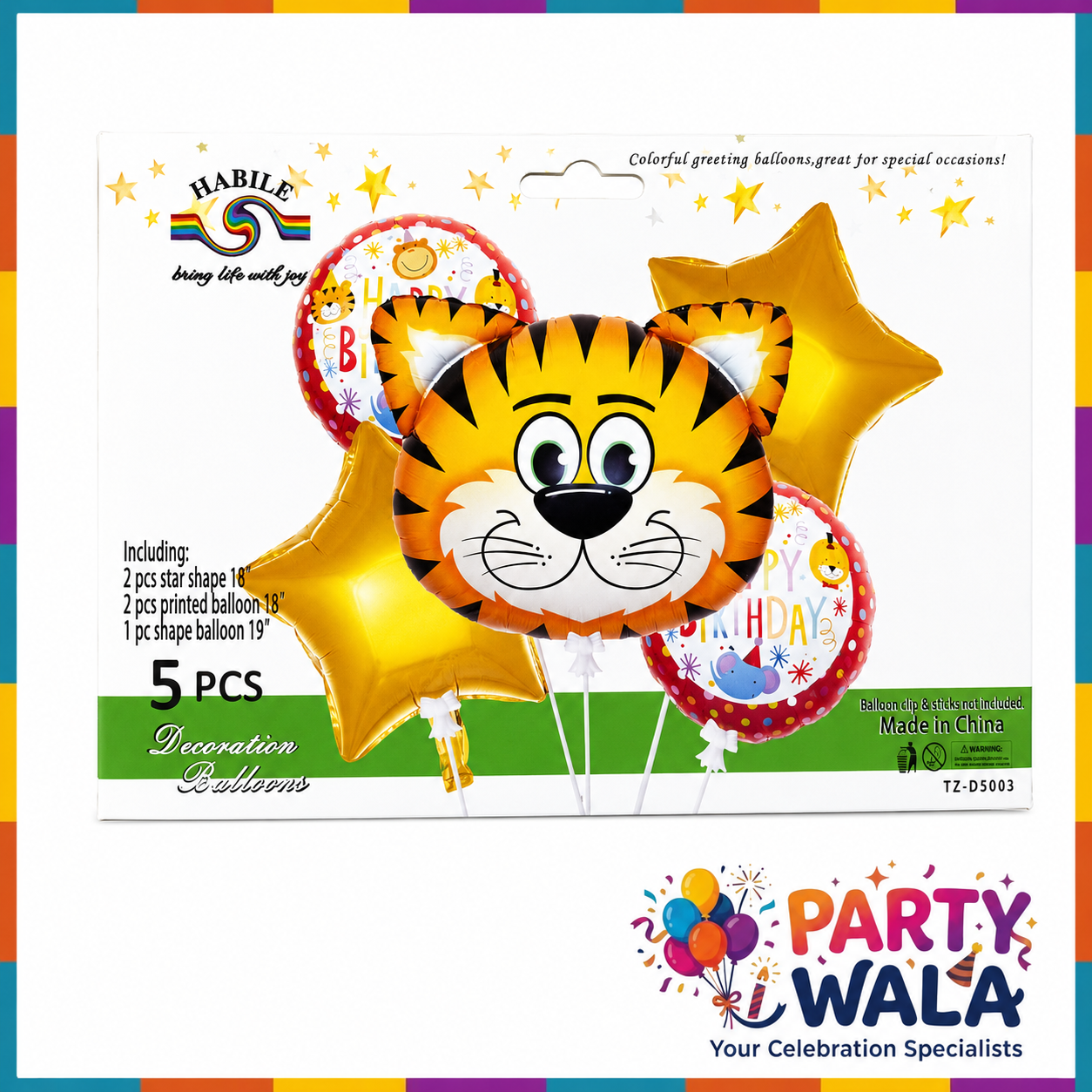 Tiger Theme Happy Birthday Foil Balloons 5 Pcs Set