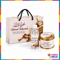 Maroon and gold Umrah tabarruk gift set with lantern and tasbih artwork