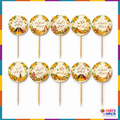 Pack of ten round Urdu Mehndi and Mayun mithai toppers with yellow flowers and assorted wedding messages