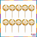 Ten round Urdu Nikkah Mubarak and Shaadi Mubarak mithai toppers with yellow floral designs