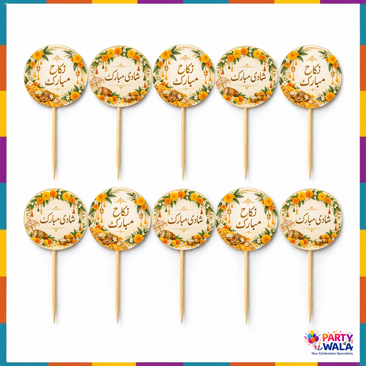Ten round Urdu Nikkah Mubarak and Shaadi Mubarak mithai toppers with yellow floral designs