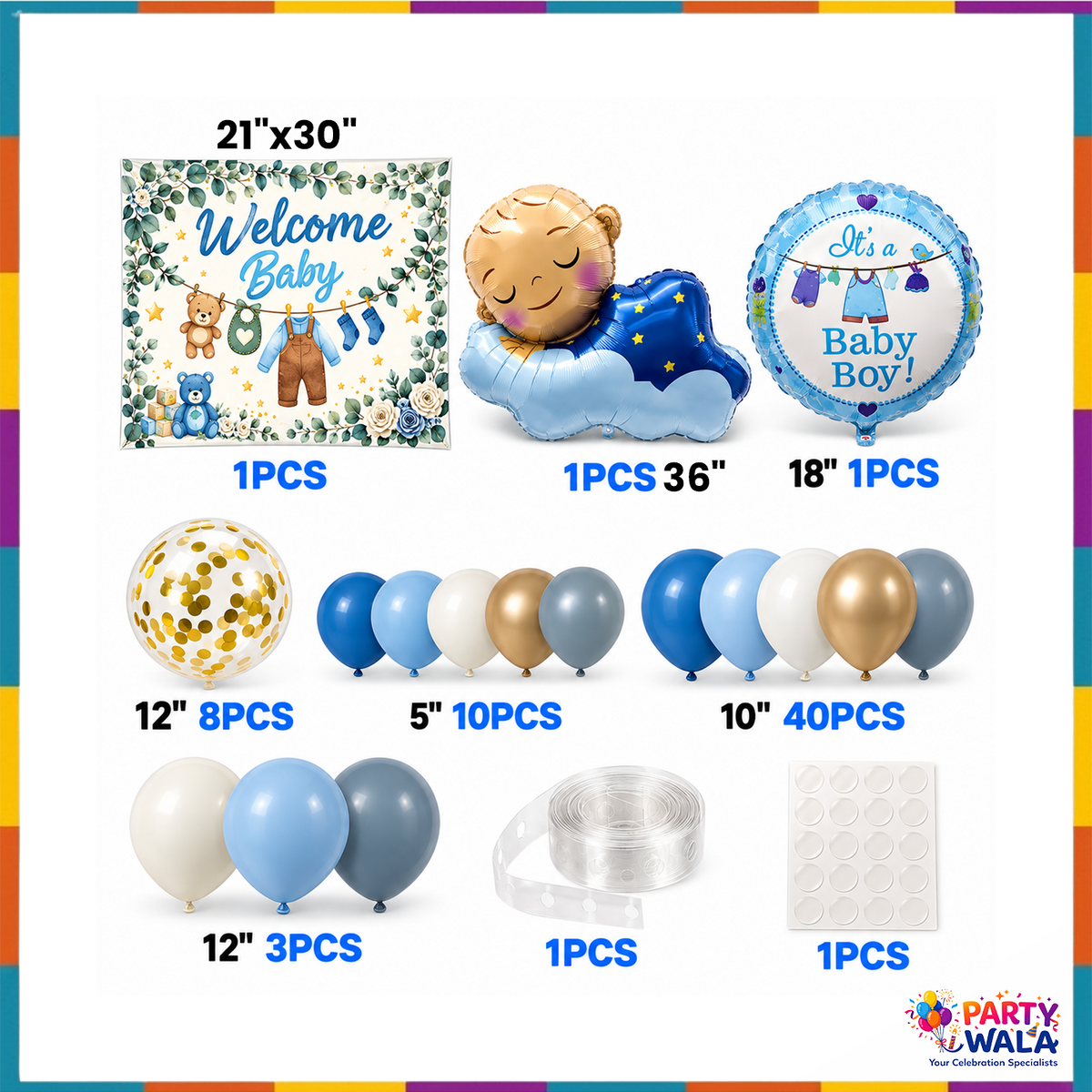 66 piece welcome baby boy balloon kit contents including baby foils, confetti balloons, blue gold latex, strip and glue dots