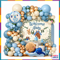Welcome baby boy blue and gold balloon decoration kit with floral backdrop and sleeping baby foil balloon