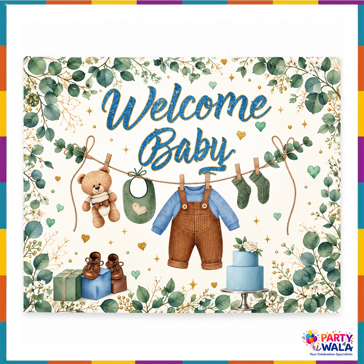Floral Welcome Baby boy printed backdrop 21 by 30 inches blue gold teddy bear design