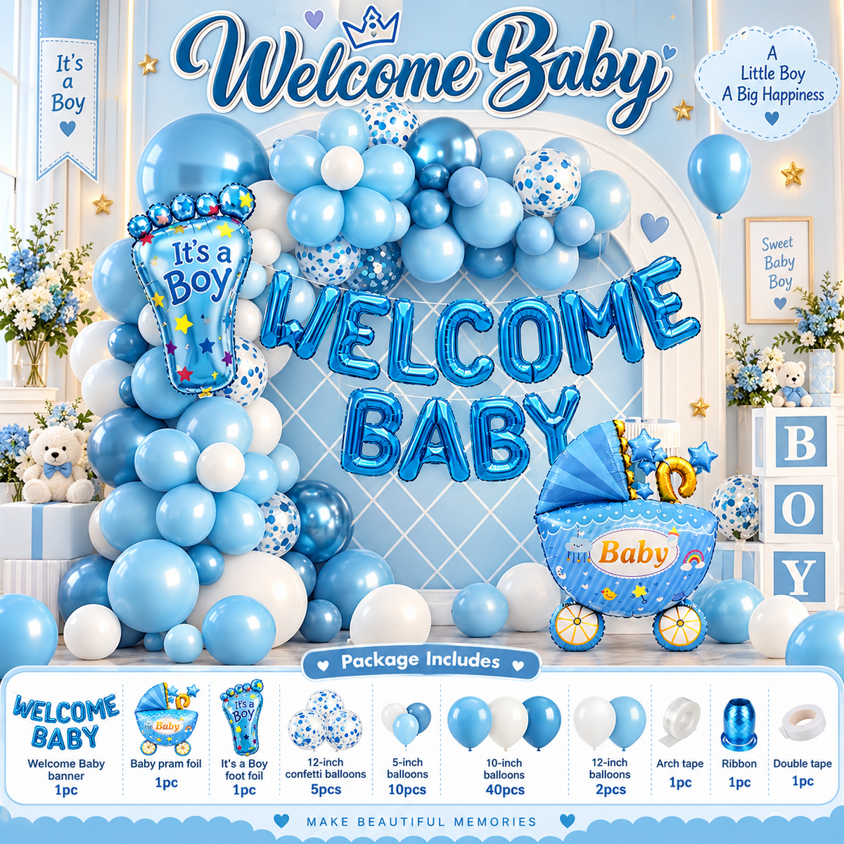 Welcome Baby Boy decoration theme set with balloons, foil banner, pram foil and foot foil