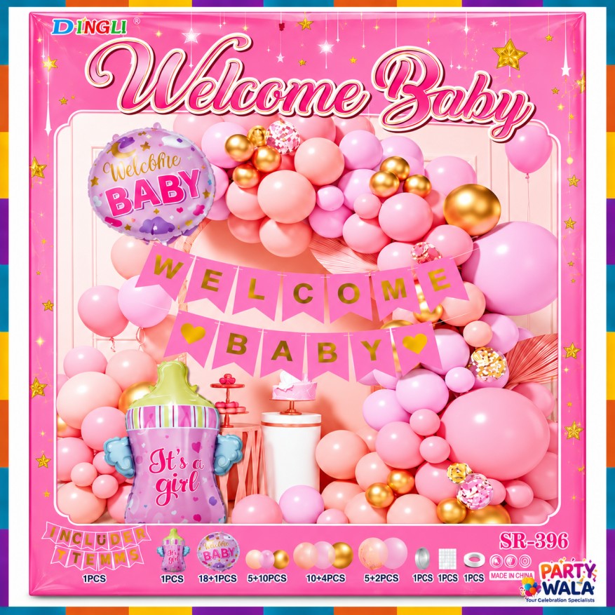 Welcome Baby Girl balloon decoration kit SR-396 retail pack with pink, white and gold balloons and welcome baby banner