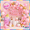 Welcome Baby Girl pink balloon decoration setup with welcome baby banner, It's a Girl foil balloon and Hello Baby foil balloon SR-396
