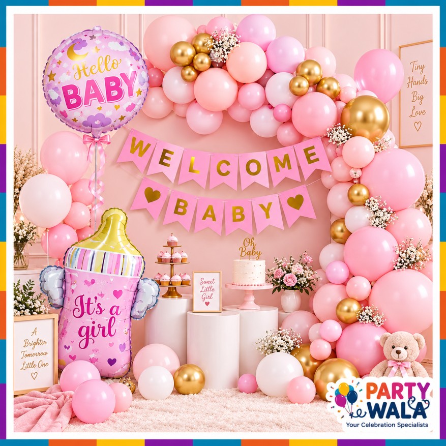 Welcome Baby Girl pink balloon decoration setup with welcome baby banner, It's a Girl foil balloon and Hello Baby foil balloon SR-396
