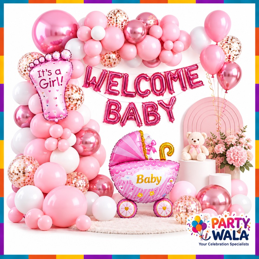 Welcome Baby Girl pink balloon decoration setup with baby carriage foil balloon