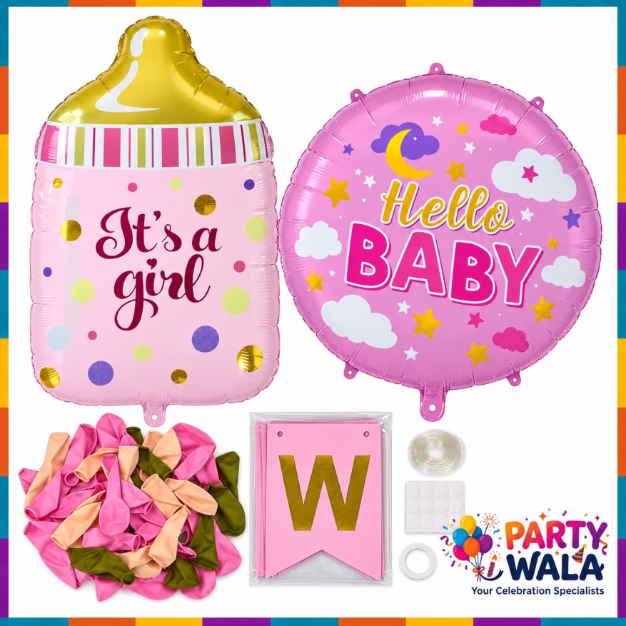Welcome Baby Girl balloon decoration kit SR-396 contents with It's a Girl and Hello Baby foil balloons, pink balloons and welcome banner