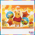 Winnie the Pooh 5 piece birthday foil balloon set with one 26 inch character balloon, two 16 inch gold stars and two 18 inch Pooh printed balloons