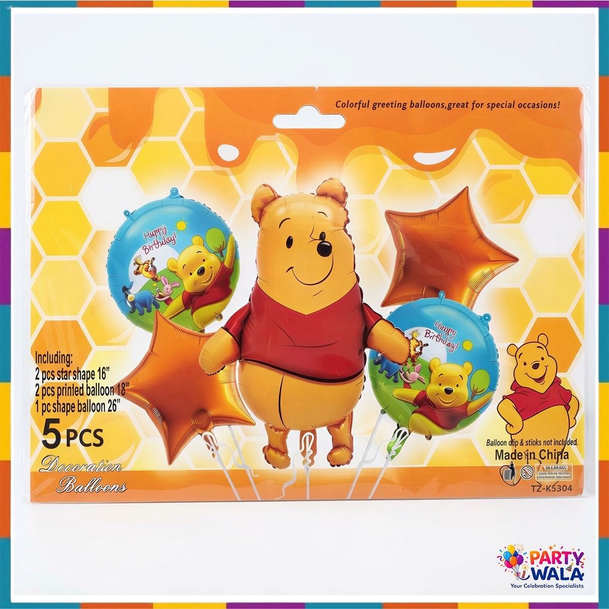 Winnie the Pooh 5 piece birthday foil balloon set with one 26 inch character balloon, two 16 inch gold stars and two 18 inch Pooh printed balloons