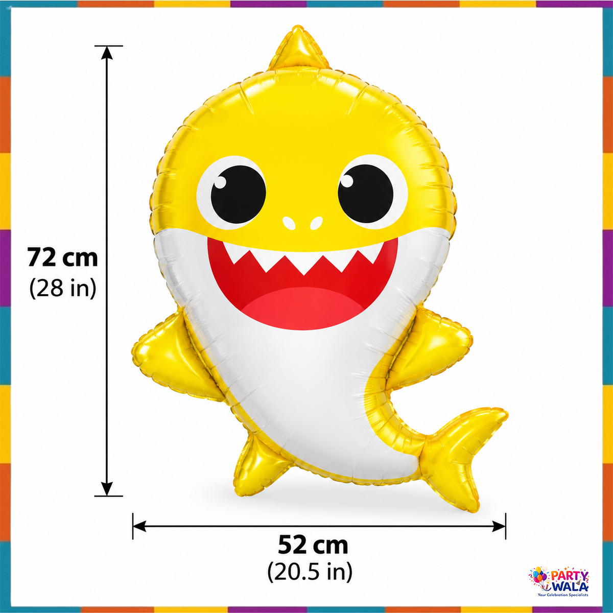 Yellow Baby Shark foil balloon size guide 28 inch height 20.5 inch width