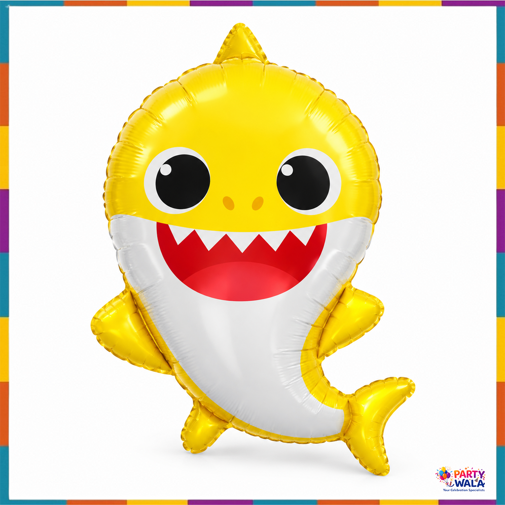 Yellow Baby Shark foil balloon 28 inch cartoon shark front view
