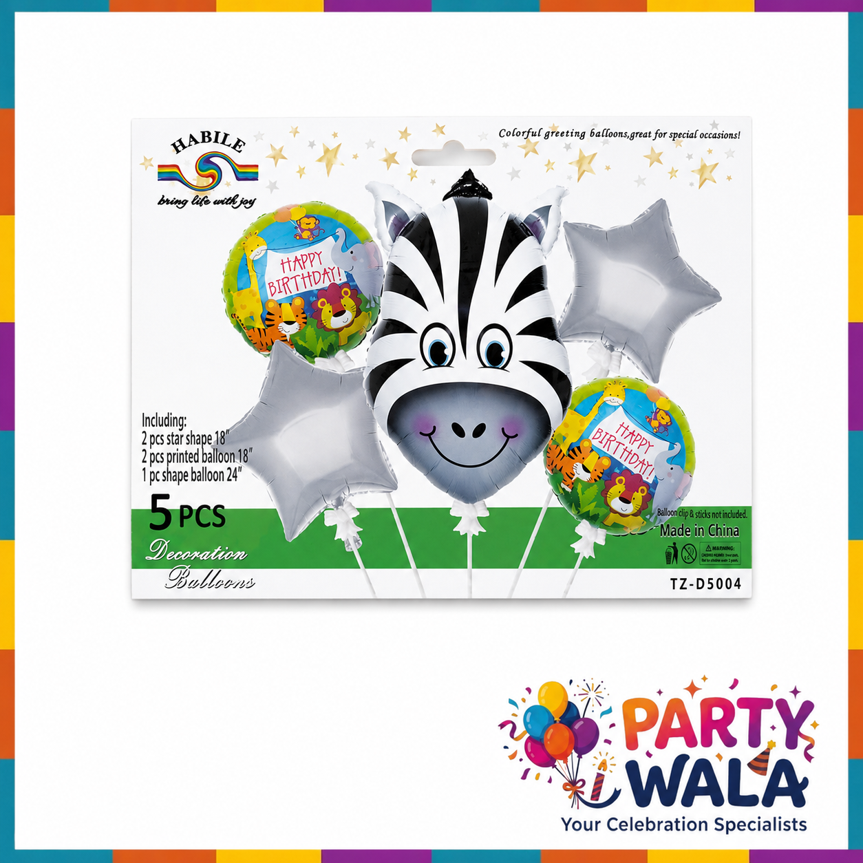 Zebra Theme Happy Birthday Foil Balloons 5 Pcs Set